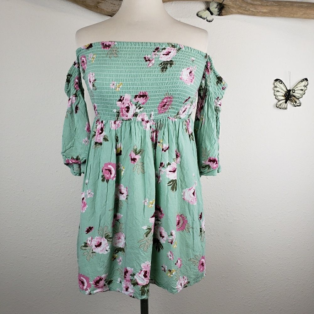 Feathers green floral off the shoulder top